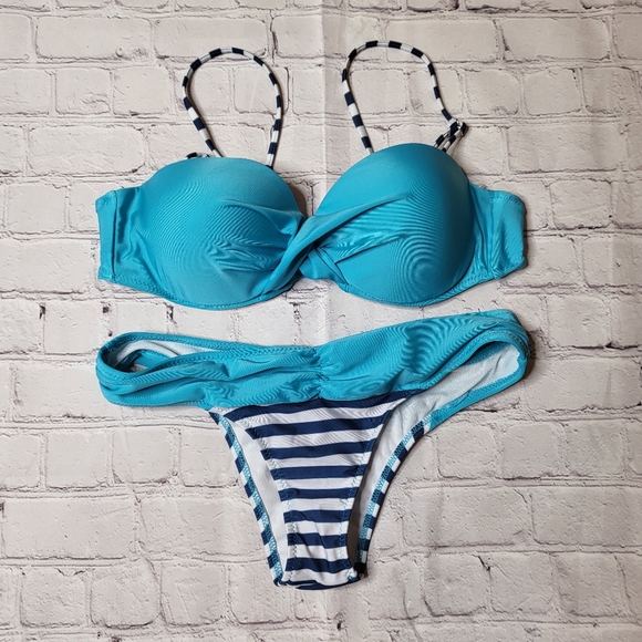 Turquoise Navy Blue Stripe Bikini - Cheeky Bottoms - Push-Up Cups - Size L - Picture 10 of 12